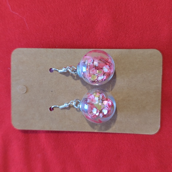 Hand Crafted Jewelry Light Pink Glitter Ball Earrings Valentines